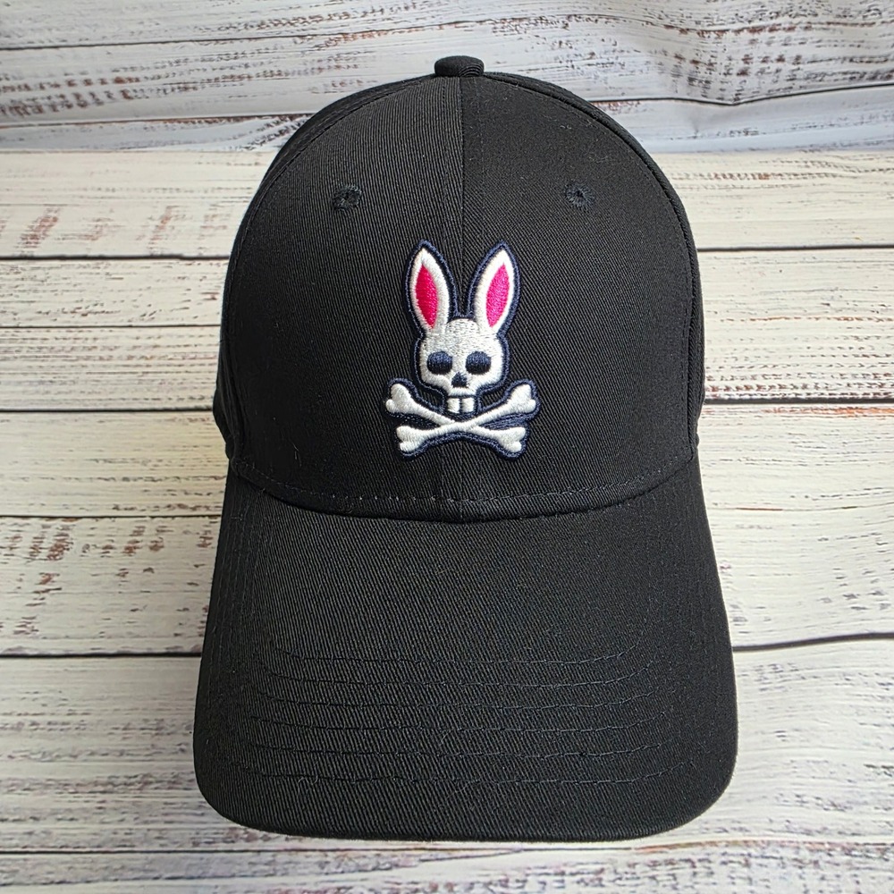 Psycho Bunny Mens Baseball Cap Black Embroidered Bunny Skull Logo Hat O/S